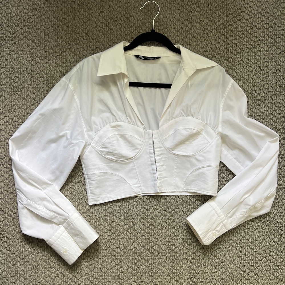 White Cottage Vintage Corset Long Sleeve Crop Top Collar Shirt medium